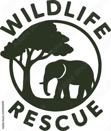 Vector logo of elephant standing under tree inside circular badge featuring uppercase “WILDLIFE RESCUE” text, symbolizing forest conservation, endangered species protection, eco-awareness, animal shel