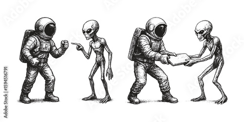 Vintage sketch of astronauts and aliens engaging in various interactions like arguing and trading.