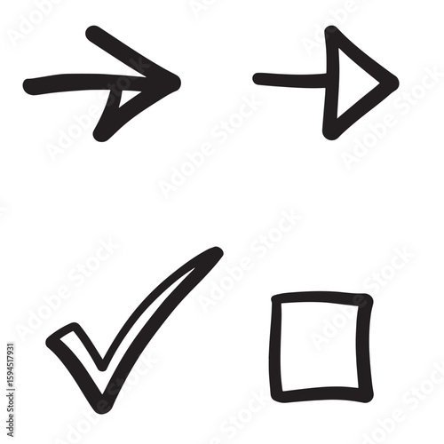 Simple hand drawn arrow checkmark and checkbox elements for user interface design and illustration