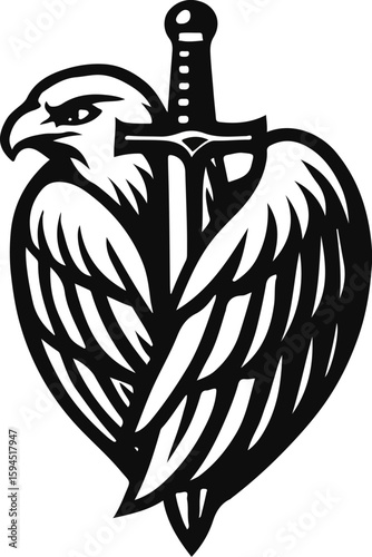 Vector logo of stylized eagle with heart-shaped body, wings spread wide, and vertical sword through center, symbolizing strength, loyalty, honor, protection, national pride, courage, and print-ready i