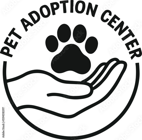 Vector logo featuring black paw print above open hand encircled by uppercase “PET ADOPTION CENTER” text, symbolizing compassionate pet care, shelter protection, animal rescue identity, volunteer outre