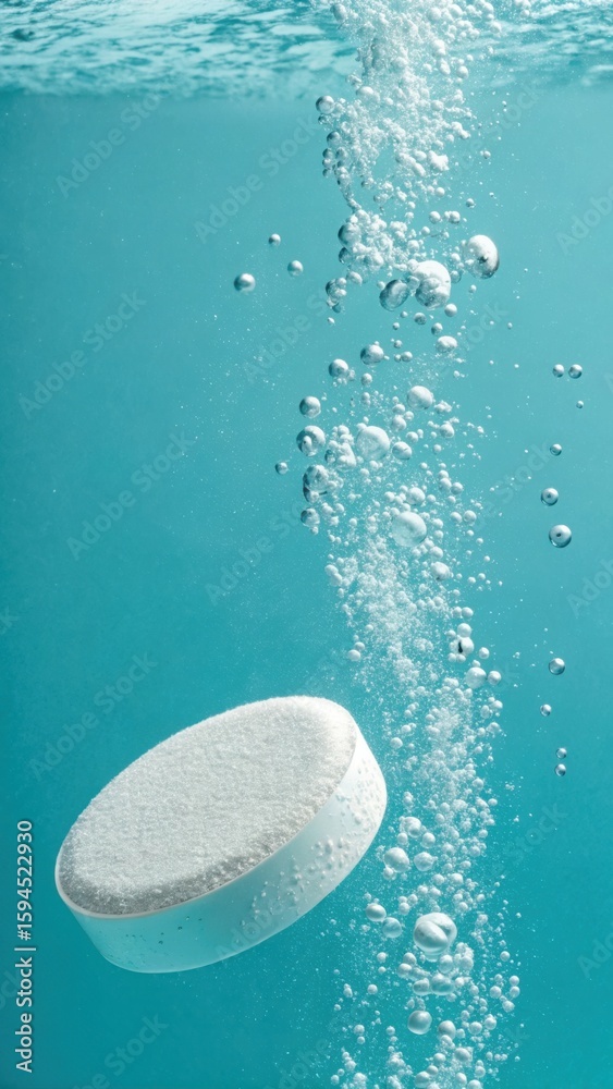 Obraz premium Effervescent Tablet in Blue Water: Health & Fizz Concept