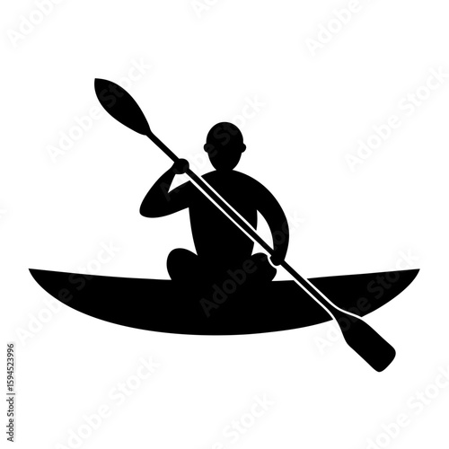 Silhouette of a kayaker paddling a kayak on a white background isolated on white background
