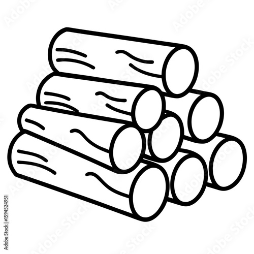 Detailed line art illustration of stacked firewood logs with visible bark texture isolated on white background
