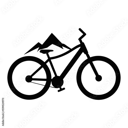 Bold black silhouette of a mountain bicycle on a clean white background isolated on white background