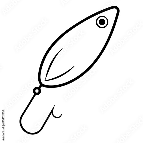 Detailed line art illustration of a fishing lure with hooks and scales isolated on white background