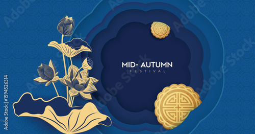 Paper graphic blue of Mid Autumn Mooncake Festival 2025 theme with oriental lotus
