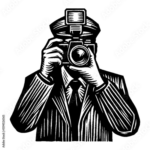 Black and White Woodcut Illustration of a Photographer with Classic Camera