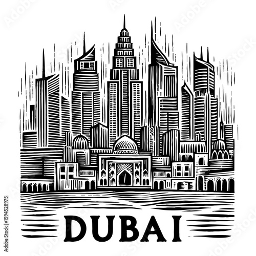 Dubai Skyline Vector Illustration Black and White Cityscape Design Artwork