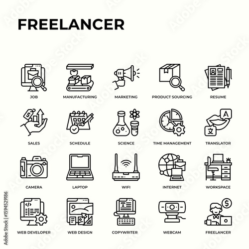 freelancer icon set ideal for project tp remote work,digital business,technology and entrepreneurship.