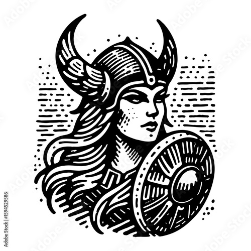 Illustration of a Viking Female Warrior with Horned Helmet and Shield in Black and White