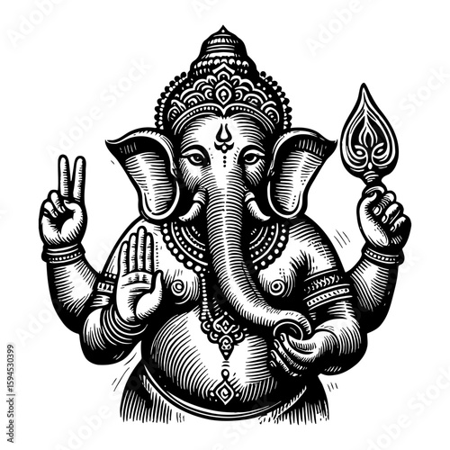 Monochromatic Illustration of Hindu God Ganesha Holding Symbols and Gesturing Peace