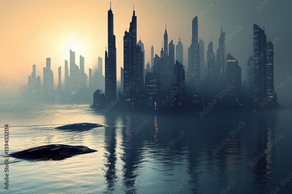 Fototapeta premium Futuristic city skyline reflected in a misty waterway.