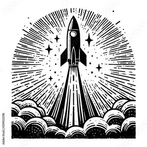 Monochrome Graphic of a Launching Rocket with Cloud Base and Sun Rays Illustration