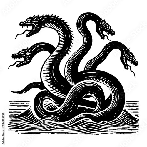 Monochrome Hydra with Snake Heads Emerging From Stylized Waves in a Vintage Style