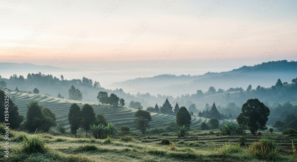Naklejka premium Misty Sunrise over Rice Terraces and Ancient Temples
