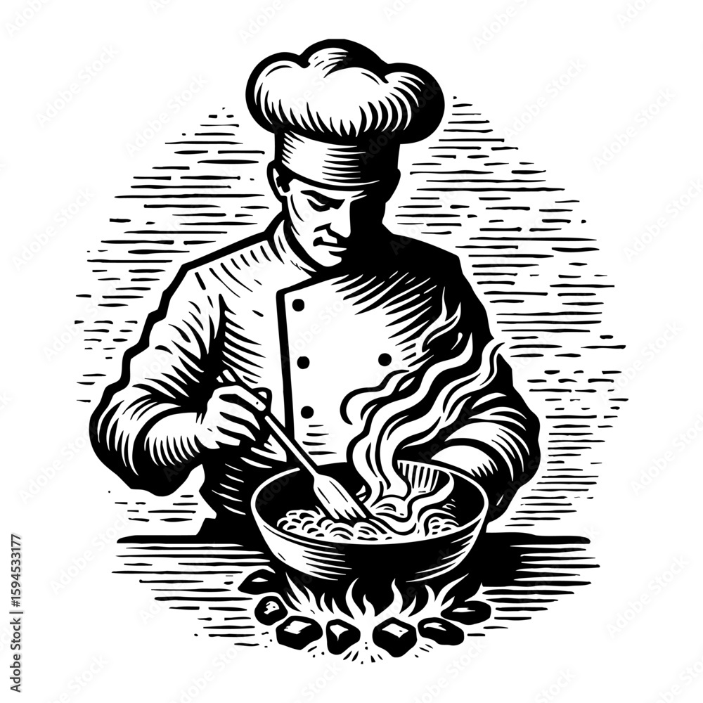 Obraz premium Monochrome Illustration of Chef Stirring Steaming Bowl over Fire in Woodcut Style