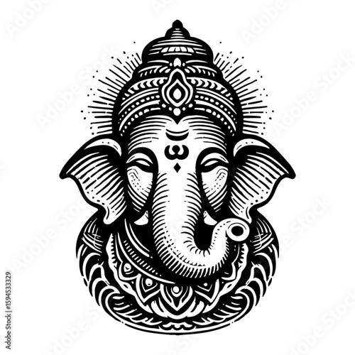 Monochrome Illustration of Ganesha Featuring Intricate Line Work and Ornate Details