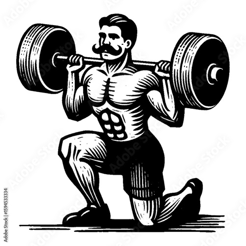 Monochrome Illustration of Muscular Man Lifting Barbell in Kneeling Position with Handlebar Mustache