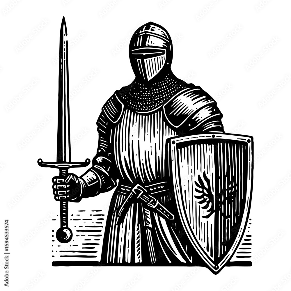 Obraz premium Monochrome Knight in Full Armor Holding Sword and Shield Detailed Woodcut Style