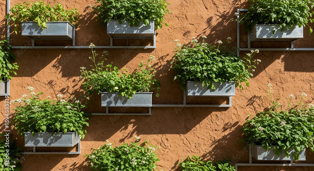 Fototapeta premium Green Plants in Metal Planters on Terracotta Wall
