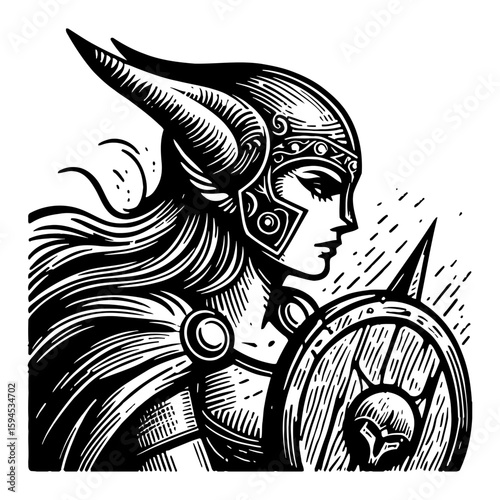 Monochrome Valkyrie Warrior with Winged Helmet Armor and Shield Detailed Etching