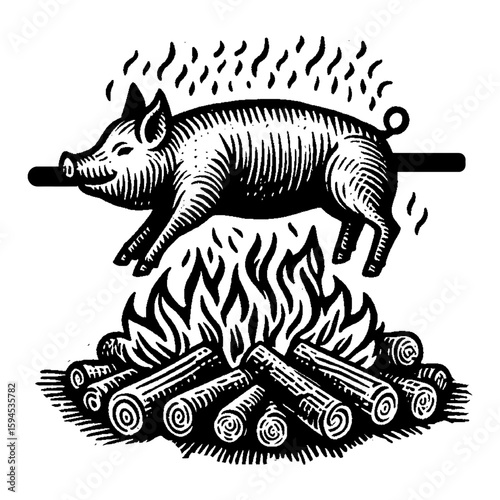 Pig Roasting Over Wood Fire Illustration in Black and White Woodcut Style No People
