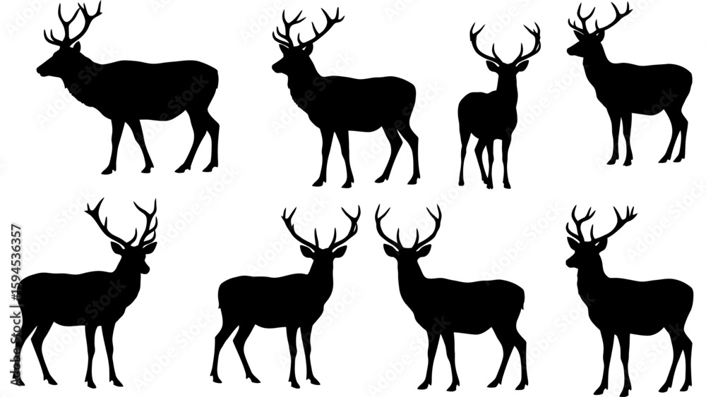 Naklejka premium Set of deer silhouette illustration. Deer icon set vector design.
