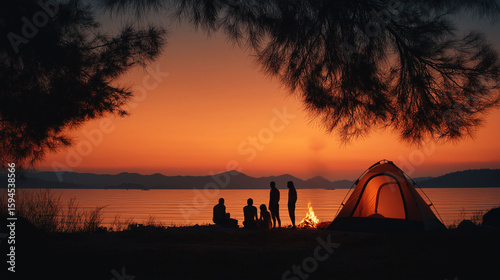 Camping Under the Sunset Glow: Friends share camaraderie around a campfire as the sun sets, casting a warm, inviting light upon a tent. 