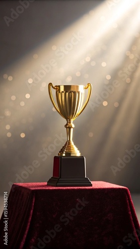 Glowing Gold Trophy on Velvet Podium with Dramatic Spotlight and Subtle Bokeh