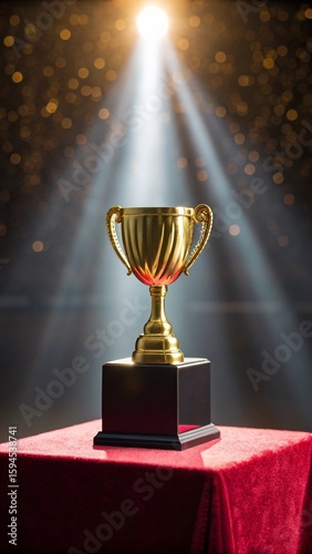 Glowing Gold Trophy on Velvet Podium with Dramatic Spotlight and Subtle Bokeh