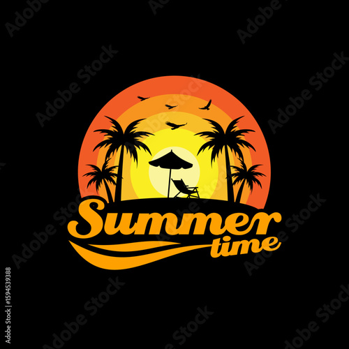summer time logo with sunset palm trees silhouette