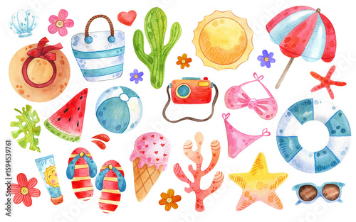 Set of watercolor beach illustrations. Hand drawn summer objects: swimsuit, camera, beach umbrella, sunglasses, hat. Illustration on white background. Summer icons, stickers. Tropical vacation.