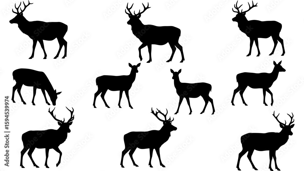 Fototapeta premium Set of deer silhouette illustration. Deer icon set vector design.