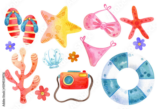 Set of watercolor beach illustrations. Hand drawn summer objects: swimsuit, camera, beach umbrella, sunglasses, hat. Illustration on white background. Summer icons, stickers. Tropical vacation.
