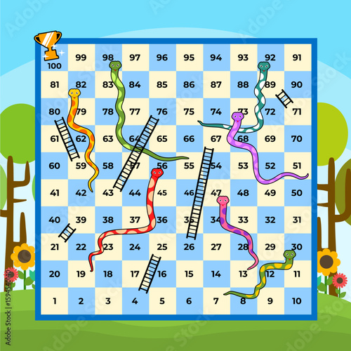 colorful snakes and ladders game board