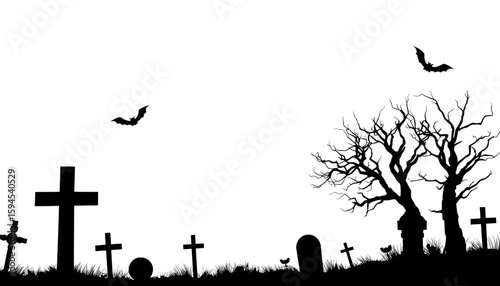 eerie graveyard silhouette with barren trees and bats at night