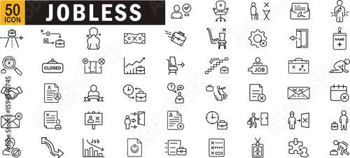 Jobless editable outline icon set. Unemployed, rejection, job-loss, resume, hiring, stress, career and more.
