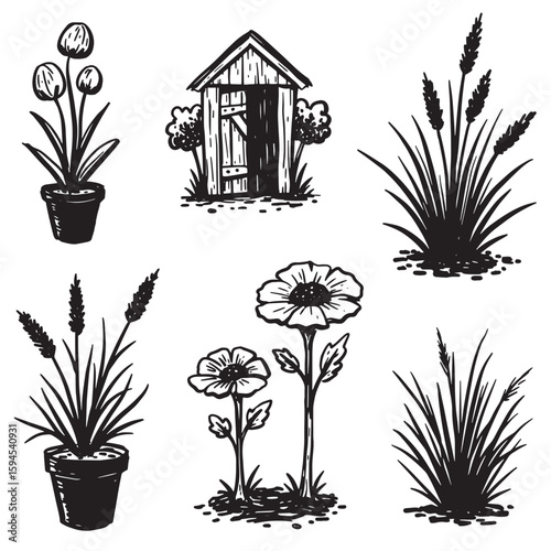 Hand drawn garden illustrations featuring flowers potted plants small shed and tall grass elements