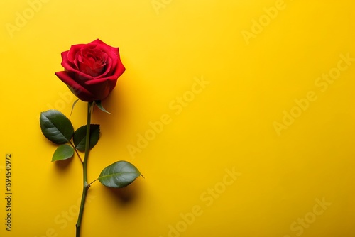 A single vibrant red rose with green leaves and stem on a bright solid yellow background with copy space