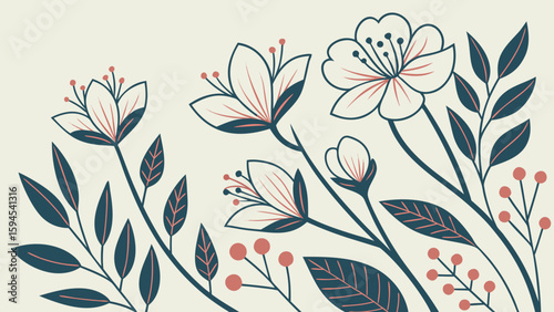 Abstract geometric flowers and leaves. Modern graphic flower design. Mid century flowers and leaves icons. Scandinavian style floral pattern