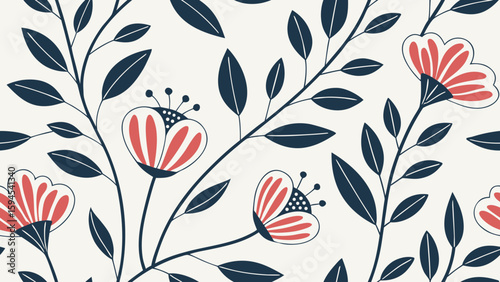 Abstract geometric flowers and leaves. Modern graphic flower design. Mid century flowers and leaves icons. Scandinavian style floral pattern