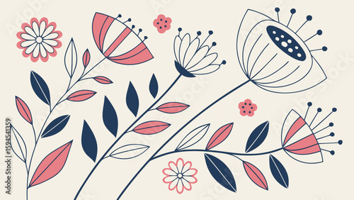 Abstract geometric flowers and leaves. Modern graphic flower design. Mid century flowers and leaves icons. Scandinavian style floral pattern