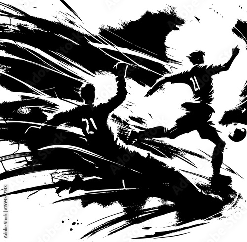 Artistic black and white soccer scene in Japanese ink wash style, depicting a striker and goalkeeper in emotional motion. Great for editorial art, gallery-style prints, or creative merchandis