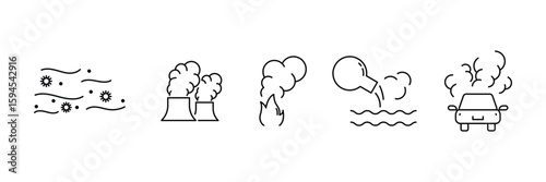 Set of liner pollution icon collection. Air pollution, dust, noise, sewage symbol.