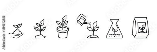 Set of liner Plant growing  icon collection. Seeds, seedling, drought, soil testing, agriculture symbol.