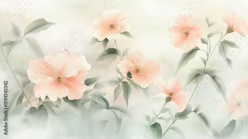 A serene watercolor depiction of various delicate blooms, their soft petals in shades of pink and peach, gently resting on subtle green leaves with a light, ethereal background.