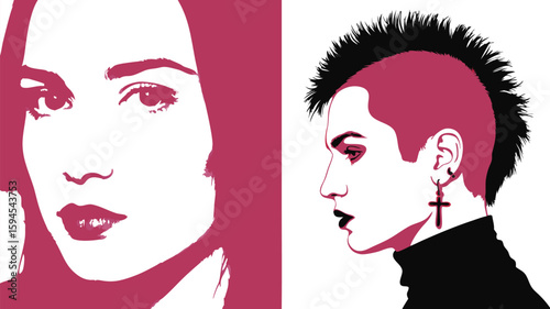 Art Woman's Face and Man with Mohawk and Cross Earring in Profile