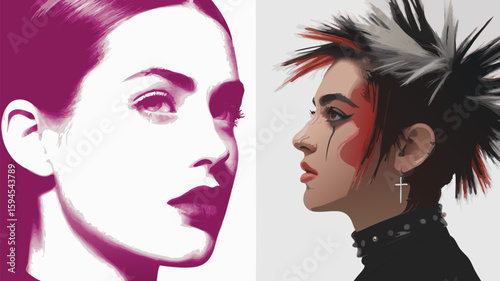 Artistic Portrait Two Women, Contrasting Styles, Digital Illustration with Vibrant Colors and Unique Hairdos