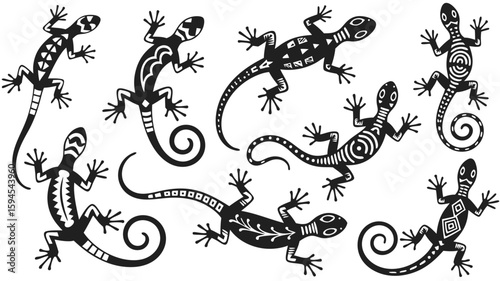 Black and White Illustration Featuring Several Cartoonish Lizards with Geometric and Tribal Patterns